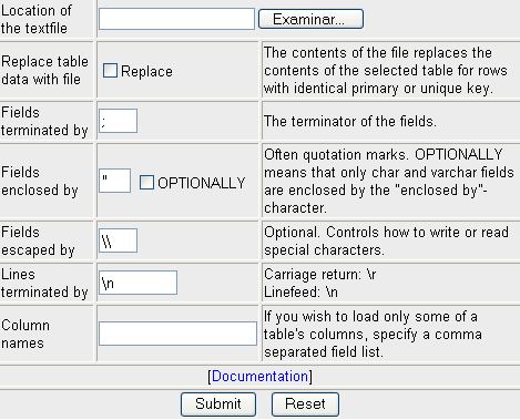 men de insero de ficheiros de texto